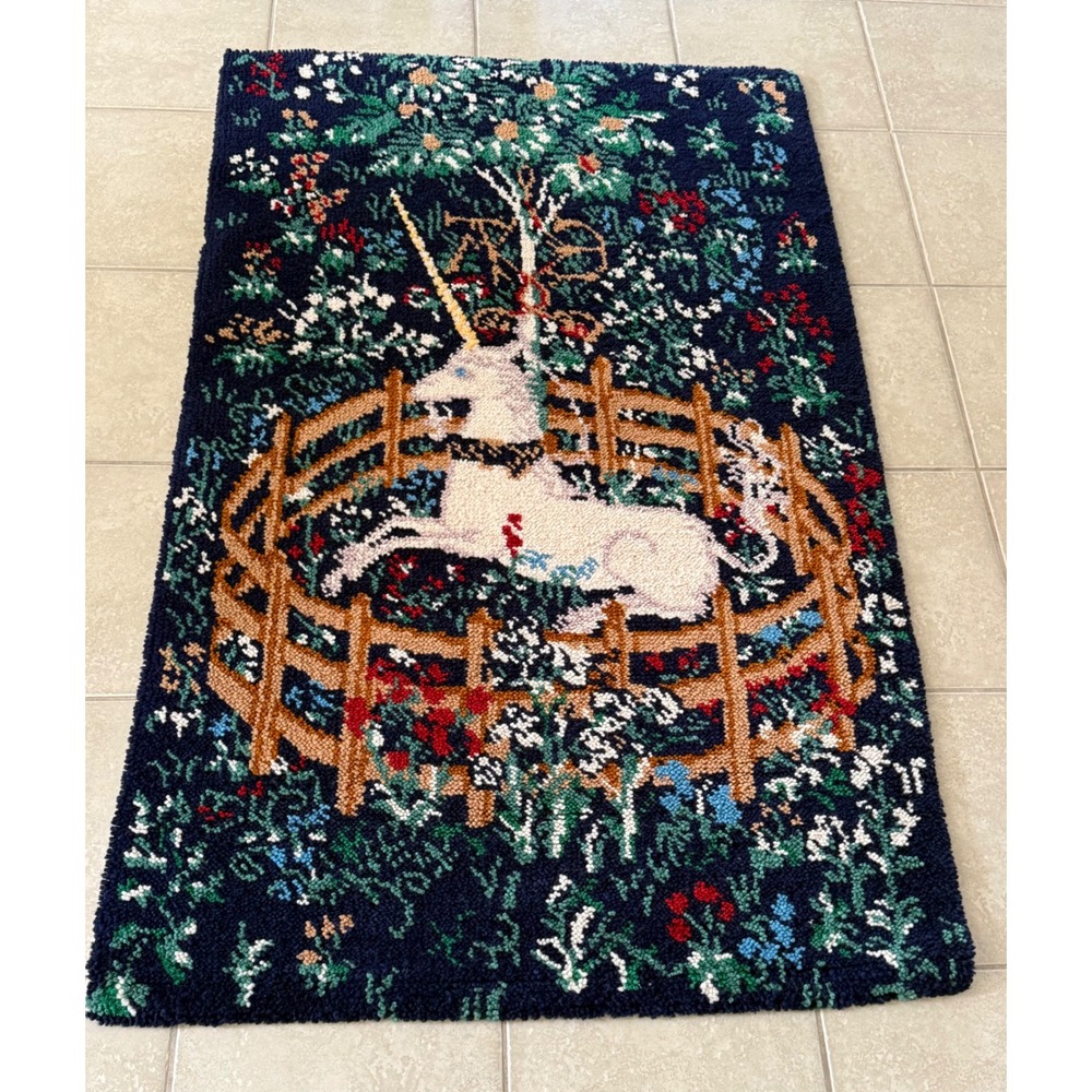 Vintage Unicorn in Captivity Latch Hook Rug Wall Hanging Medieval Tapestry Art